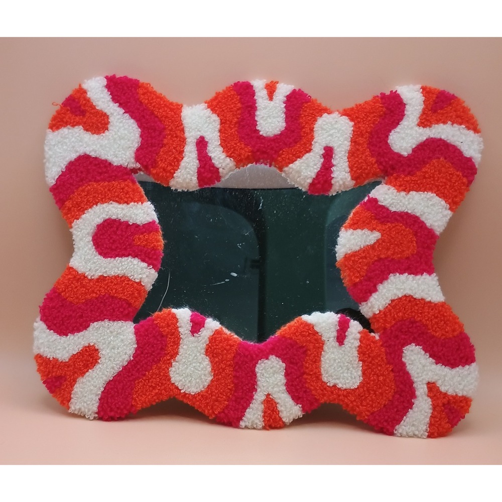 Handmade Tufted Wavy Mirror Orange Pink White Psychedelic Squiggly Wall Decor